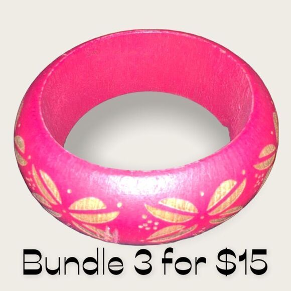 Bundle Sale 3 for $15 | Pink Patterned Wooden Bangle Bracelet - Picture 6 of 11